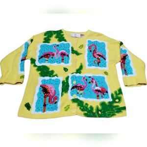 Vintage Jane's Closet Colorful‎ Flamingo Sweater Cardigan Size Medium